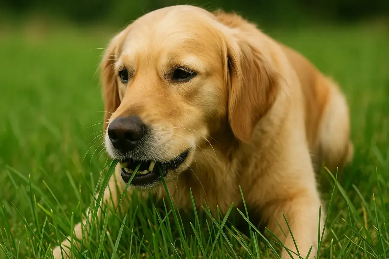 Złoty retriever leży na trawie i gryzie zielone źdźbła.