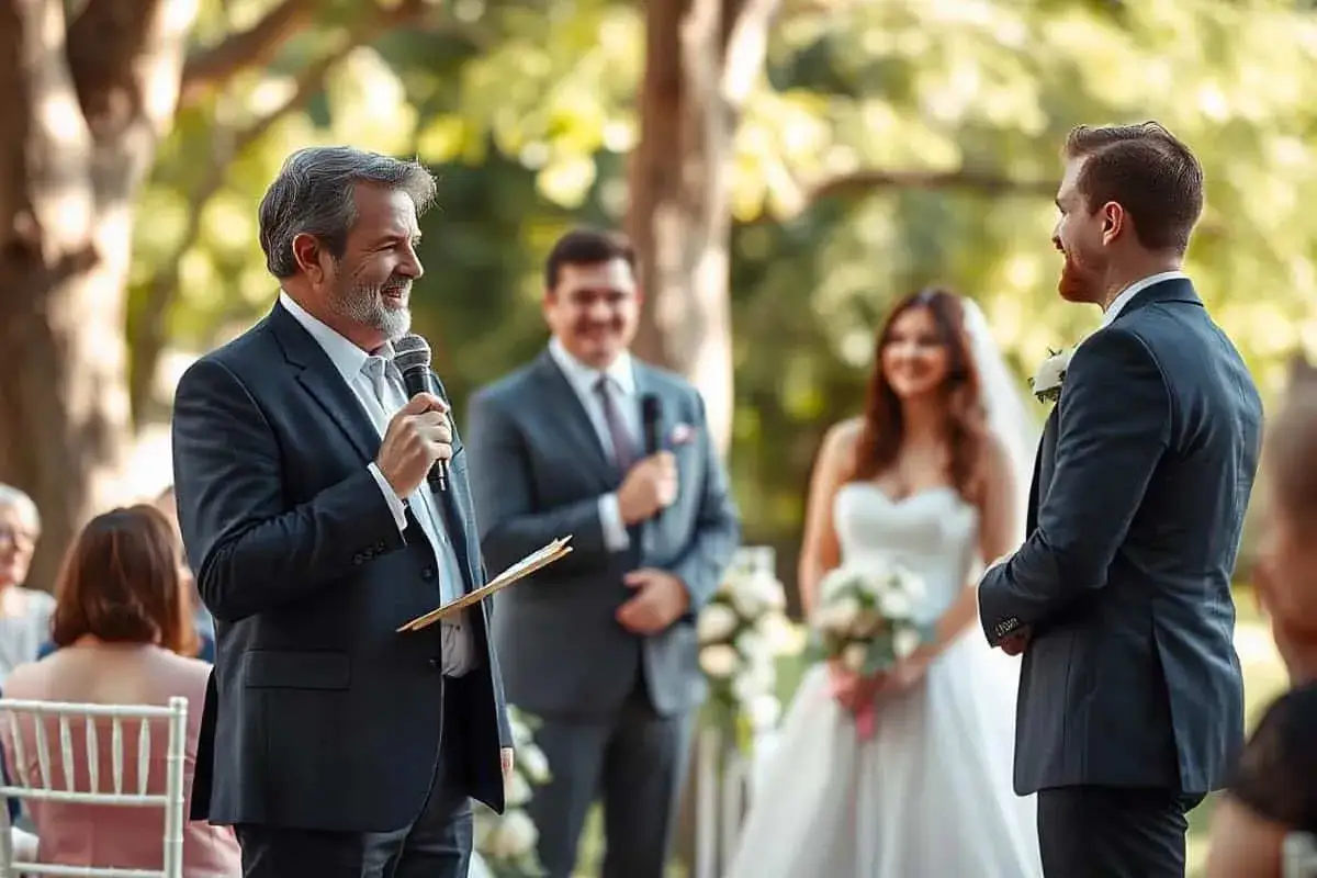 Un hombre con micrófono lee textos para leer en una boda a los novios, quienes sonríen.