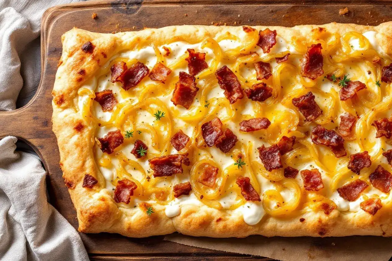 Flammekueche gourmande avec sa crème onctueuse, oignons caramélisés et lardons croustillants. Une recette facile pour un plaisir garanti.