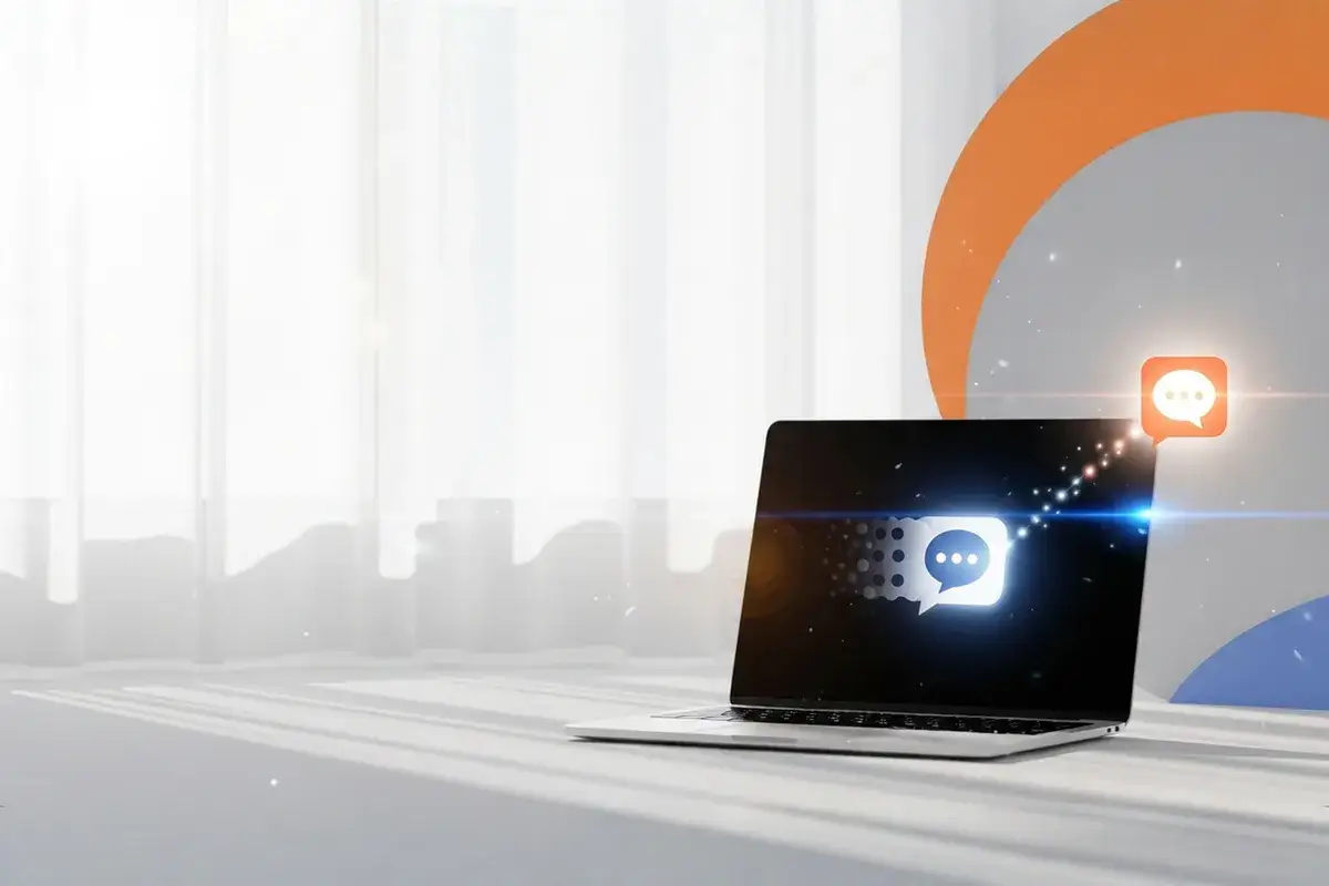 Laptop z ikoną czatu na ekranie i unoszącą się nad nim ikoną powiadomienia.