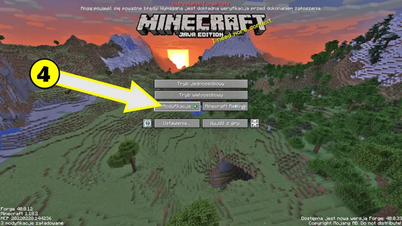 Ekran główny Minecraft Java Edition, gdzie strzałka wskazuje przycisk "Modyfikacje", kluczowy do tego, jak zainstalować mody do Minecrafta.