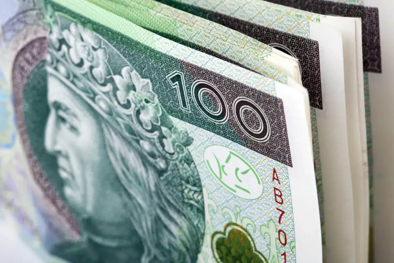 Stos banknotów 100 zł, symbolizujący premię uznaniową. Król na banknocie wygląda jakby cieszył się z dodatkowych pieniędzy.
