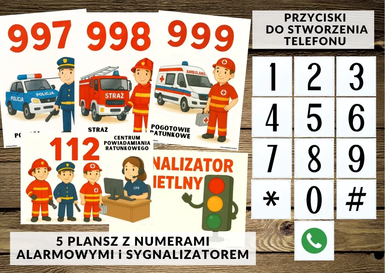 Plakat z numerami alarmowymi do druku: 997, 998, 999, 112. Grafiki przedstawiają policjanta, strażaka, ratownika medycznego i centrum powiadamiania ratunkowego.