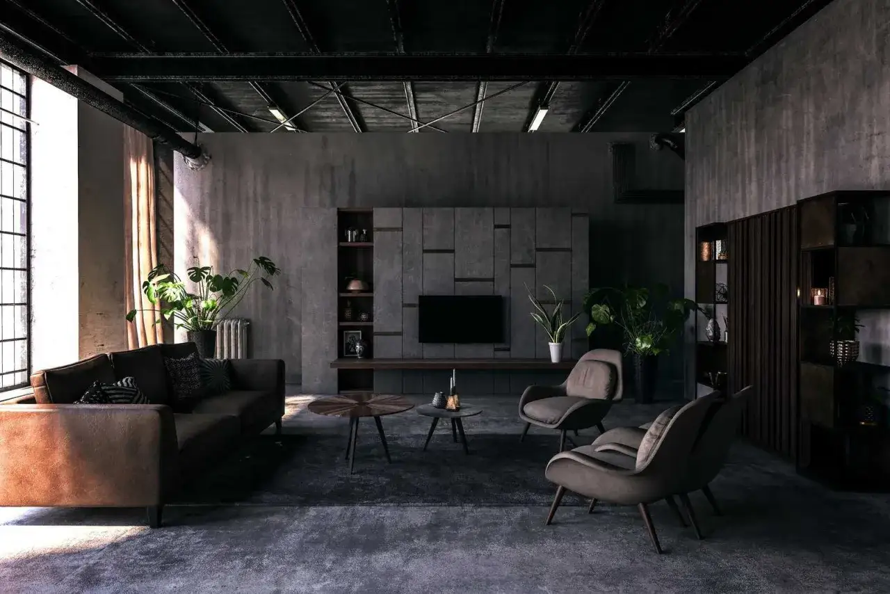 Nowoczesny salon z betonowymi ścianami, meblami w stylu hi-tech i roślinami. Styl hi-tech we florystyce podkreśla industrialny charakter wnętrza.