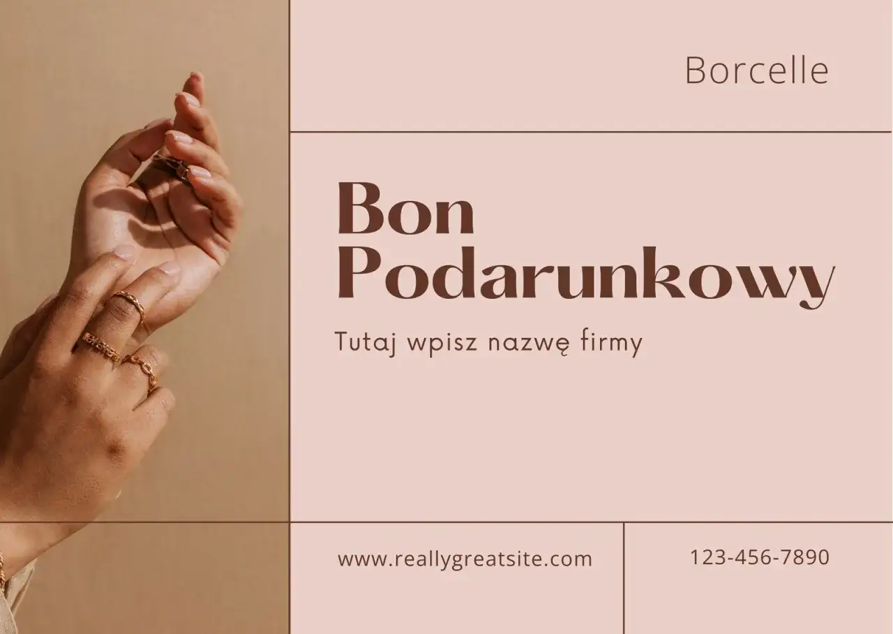 Elegancki tekst na voucher urodzinowy z dłońmi ozdobionymi złotą biżuterią. Idealny na prezent.