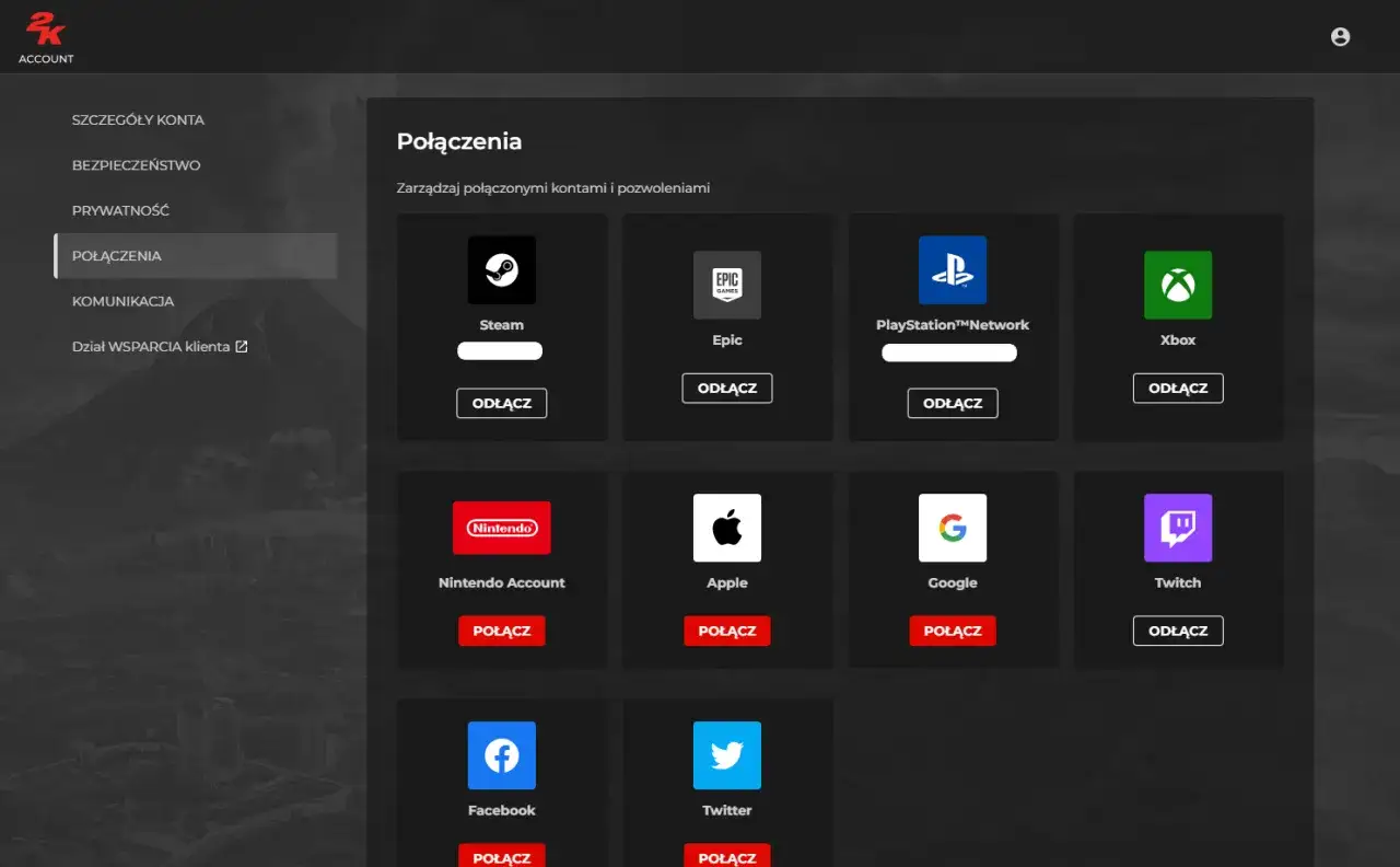 Ikony platform: Steam, Epic, PlayStation, Xbox, Nintendo, Apple, Google, Twitch, Facebook, Twitter.