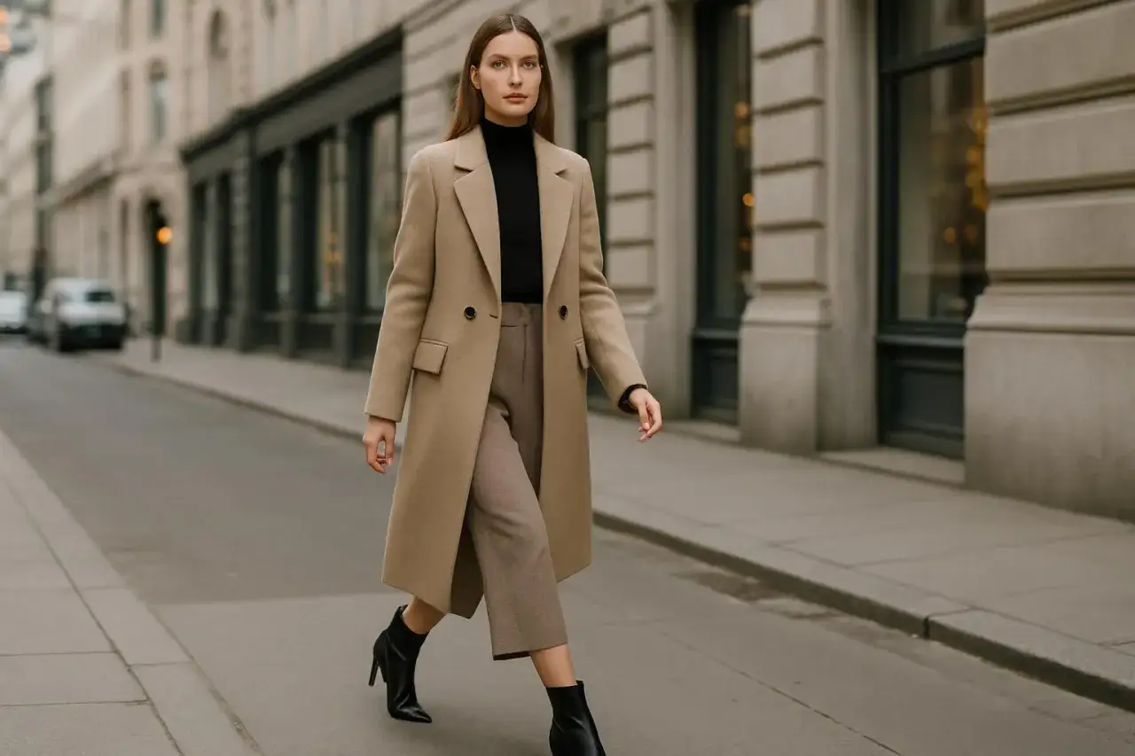 Elegancka kobieta w beżowym płaszczu i brązowych spodniach, z czarnym golfem, idzie ulicą. Czy buty w szpic są modne? Tak, te czarne botki z pewnością dodają stylu.