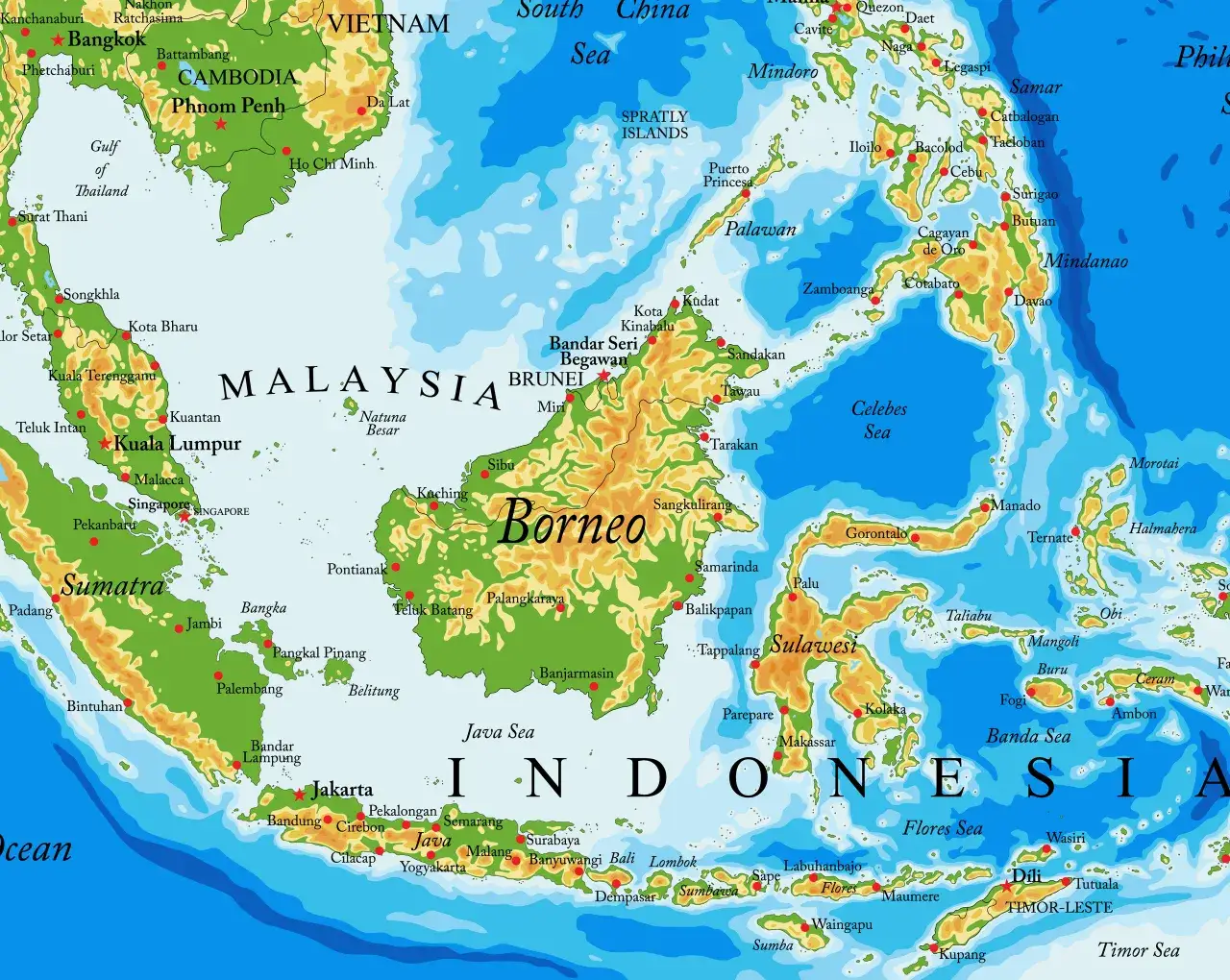Szczegółowa mapa Borneo ze wszystkimi atrakcjami i miastami na wyspie