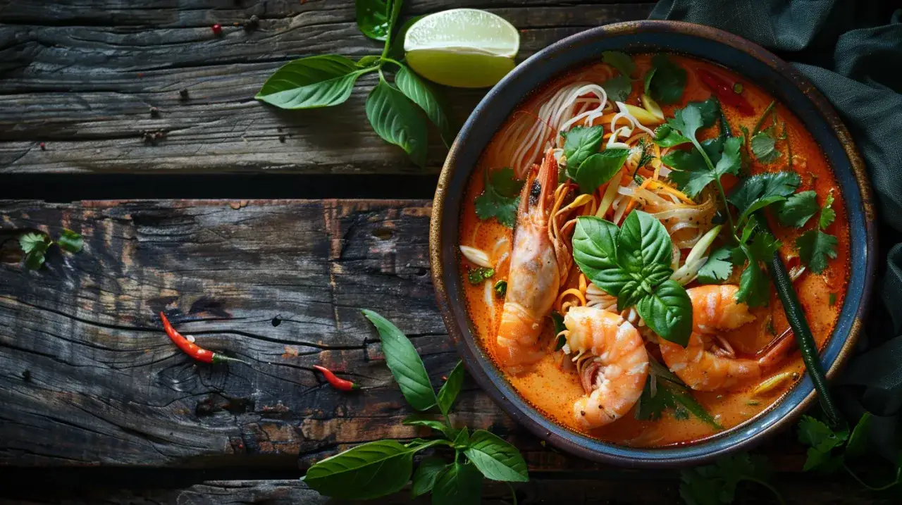 Laksa - zupa z krewetkami, makaronem ryżowym, mlekiem kokosowym i trawą cytrynową