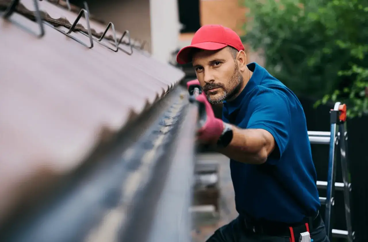 mężczyzna sprawdzający stan orynnowania domu