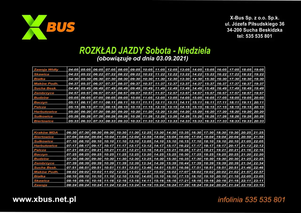 Rozkład jazdy X-Bus z Krakowa do Sułkowic i okolic. Busy kursują w weekendy.