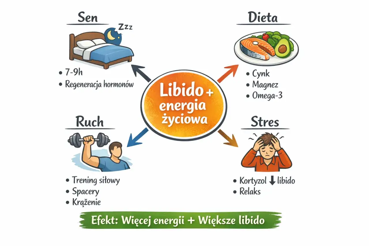Diagram pokazuje, jak sen, dieta, ruch i stres wpływają na libido i energię życiową. Więcej energii i większe libido to efekt.