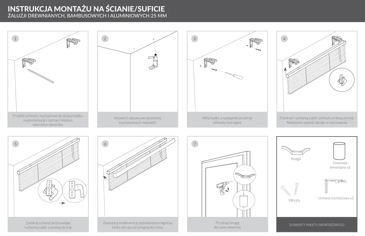 Instrukcja montażu żaluzji drewnianych: jak zrobić mechanizm żaluzji drewnianych krok po kroku, od mocowania uchwytów po instalację maskownicy.