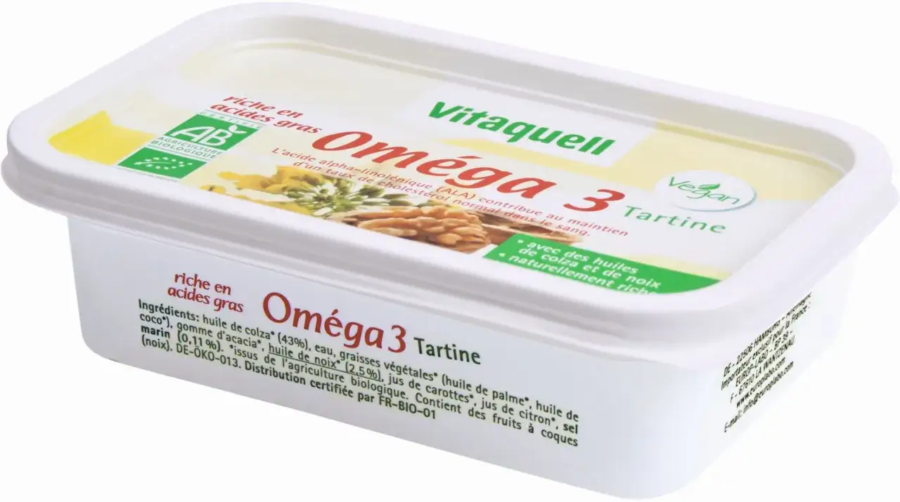 Opakowanie margaryny Vitaquell Omega 3 Tartine z certyfikatem Vegan. Czy margaryna jest wegańska? Tak, ten produkt jest wegański.