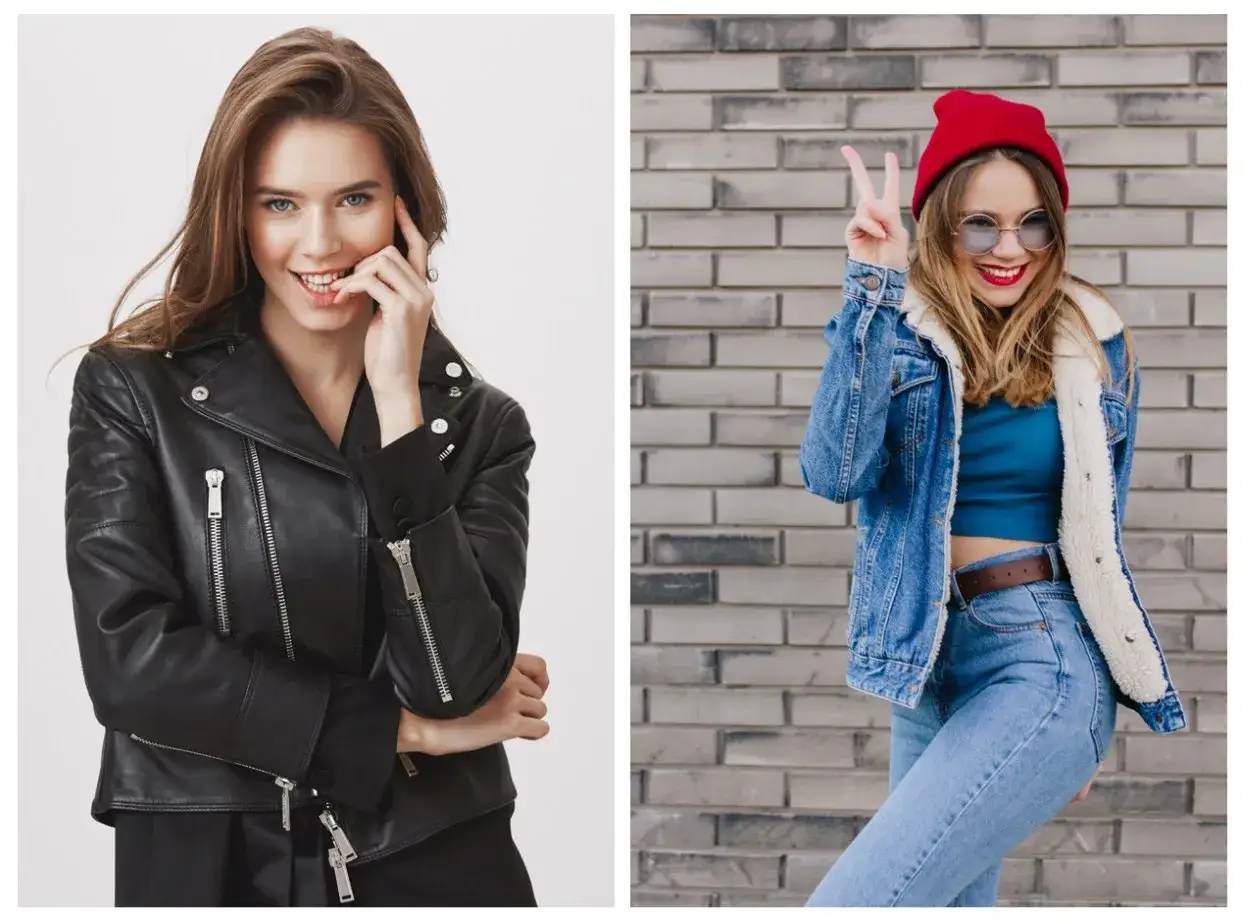 Dwie kobiety prezentują stylizacje. Jedna w skórzanej ramonesce, druga w jeansowej kurtce. Idealne inspiracje, jak się ubrać na koncert metalowy.