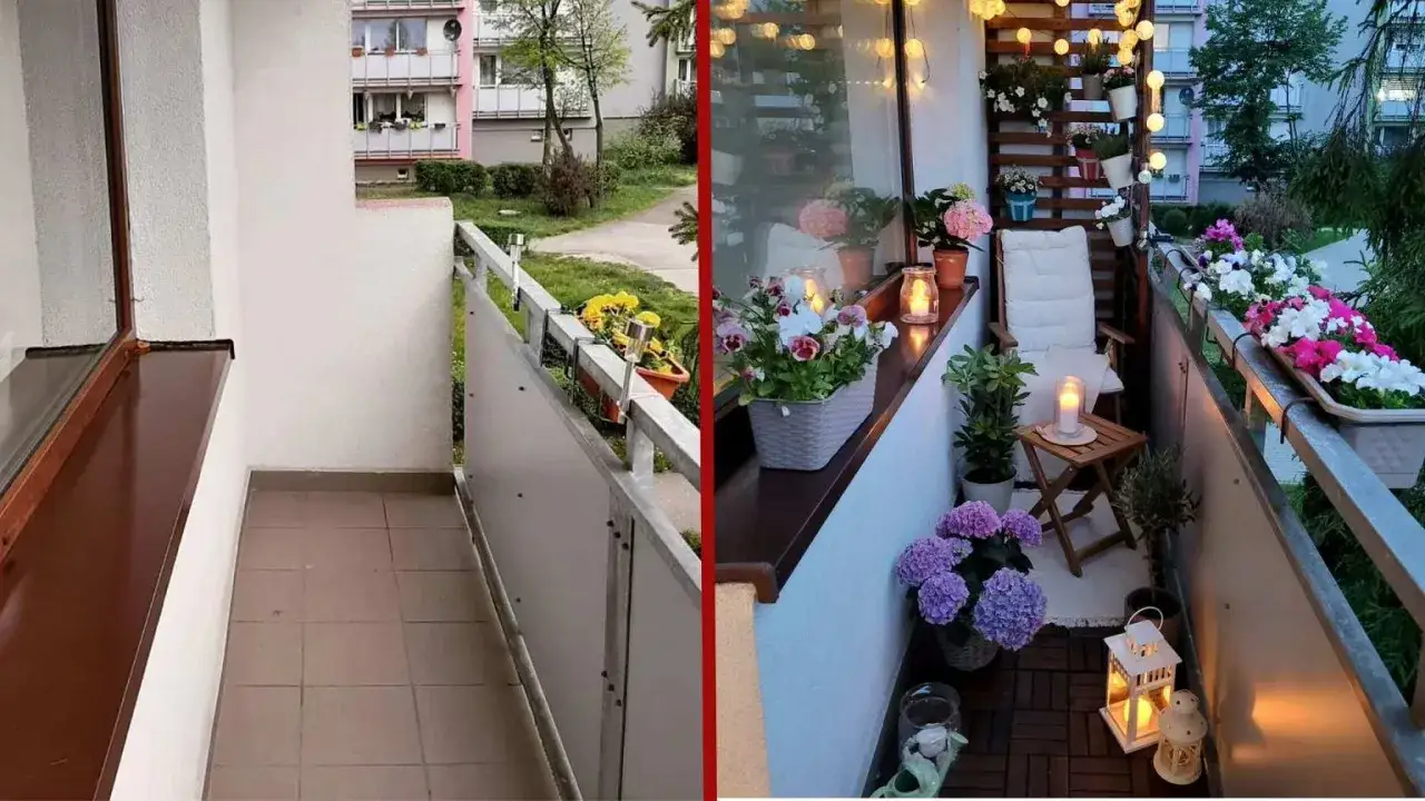 Przed i po: mały balkon w bloku zamieniony w przytulne miejsce z kwiatami, świecami i krzesłem.