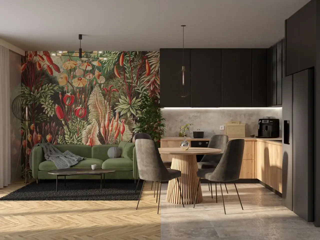 Nowoczesna aranżacja mieszkania 50m2 w bloku: zielona sofa, jadalnia z drewnianym stołem i czarne meble kuchenne na tle tropikalnej tapety.