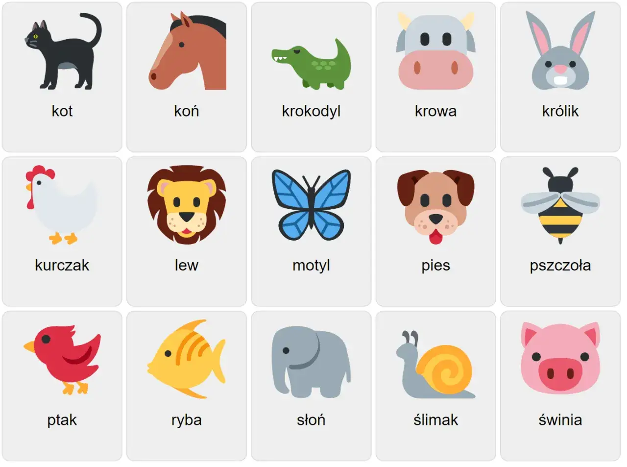 Kolekcja ikon przedstawiająca dzikie zwierzęta po angielsku: kot, koń, krokodyl, krowa, królik, kurczak, lew, motyl, pies, pszczoła, ptak, ryba, słoń, ślimak, świnia.