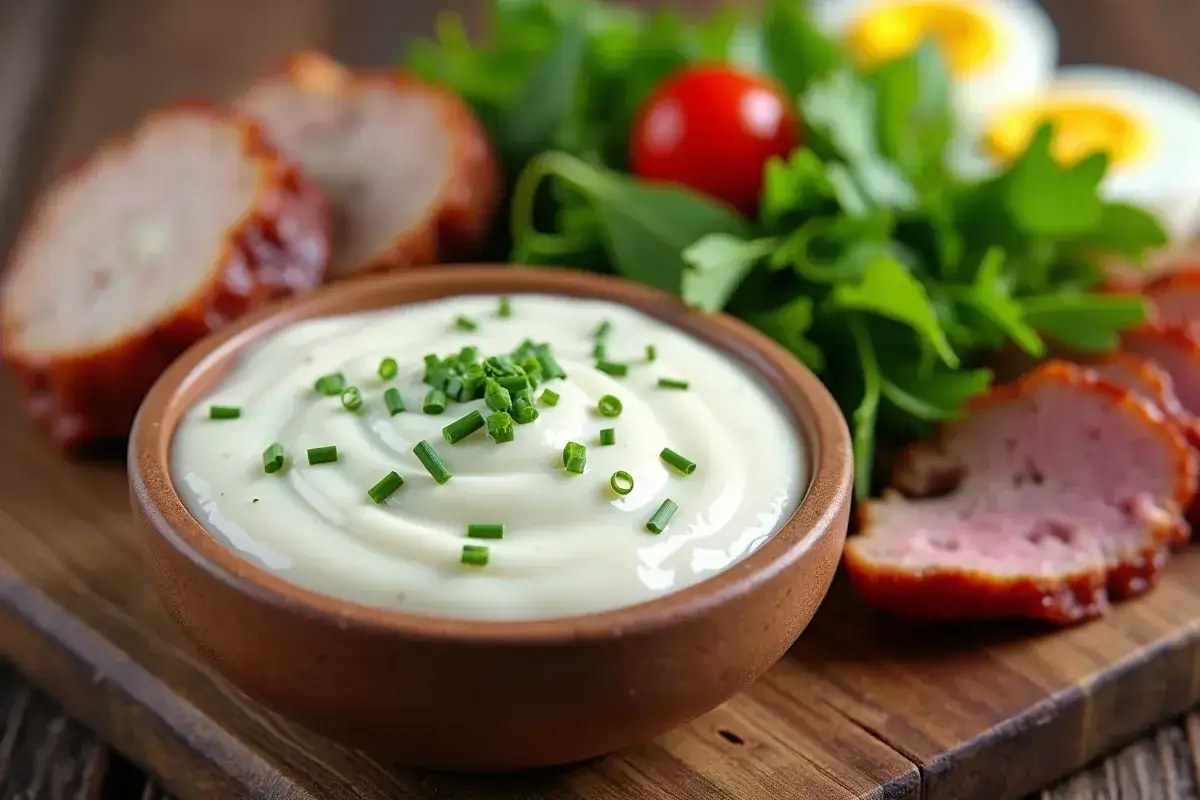Aksamitny sos chrzanowy na ciepło do mięsa, posypany szczypiorkiem, podany z plastrami kiełbasy i sałatką.