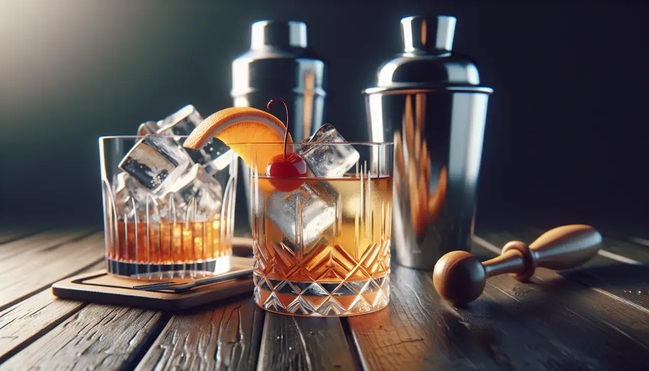 Klasyczny Old Fashioned przepis: whisky, lód, pomarańcza i wisienka. W tle shakery i muddler.