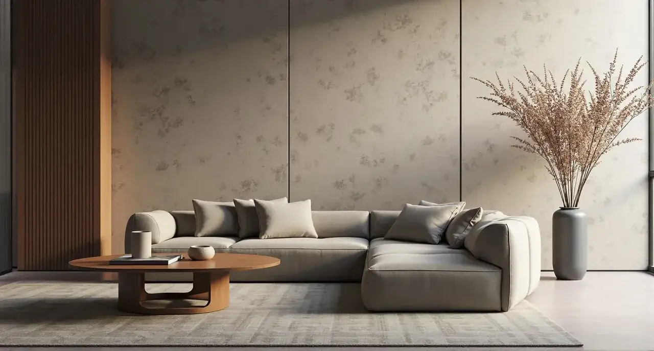 Nowoczesny salon z sofą i stolikiem. Ściana z efektem jak zrobić tynk ozdobny na ścianie.