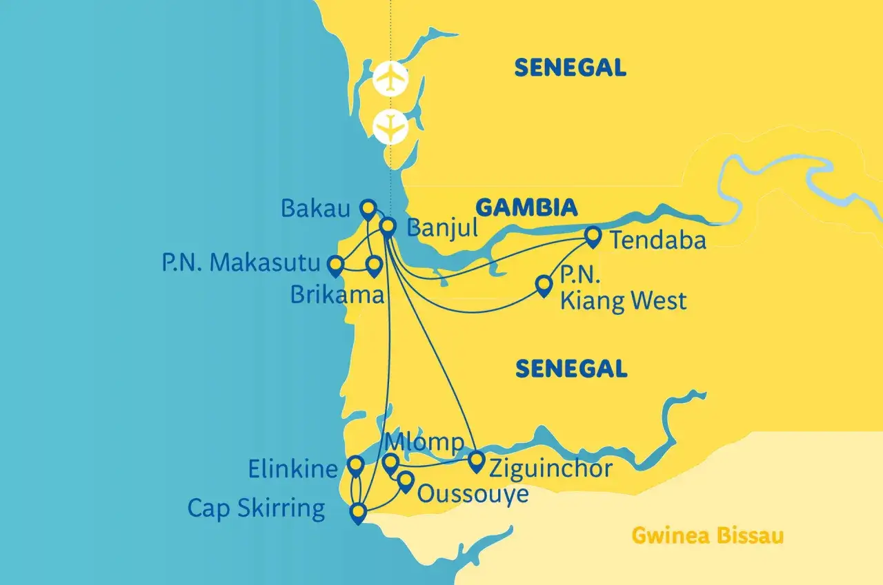 Mapa Gambii i Senegalu z zaznaczonymi miastami i parkami narodowymi. Rzeka Gambia przepływa przez kraj.
