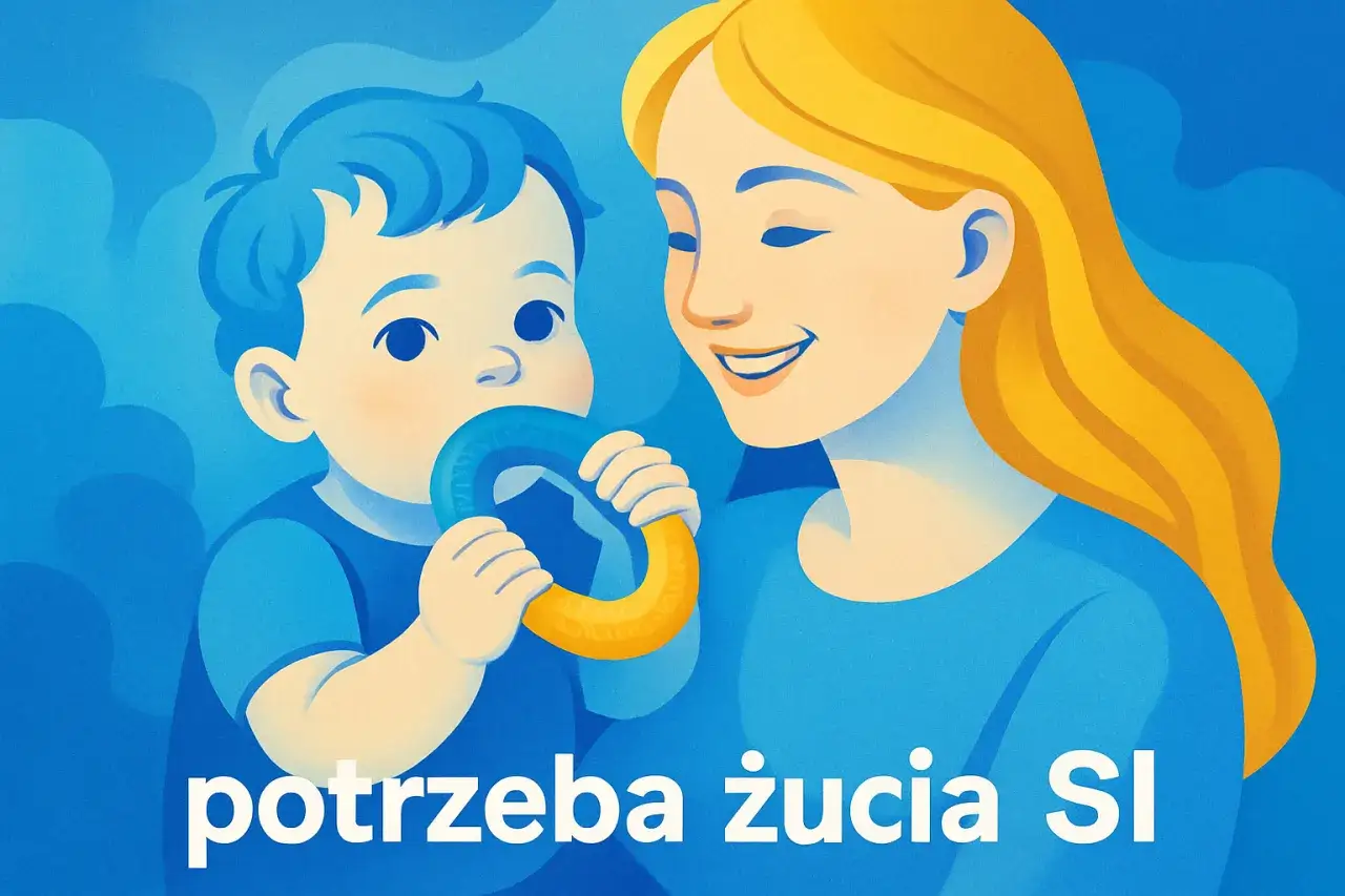 Dziecko gryzie gryzak, bo to naturalna potrzeba żucia SI. Uśmiechnięta mama patrzy na malucha.