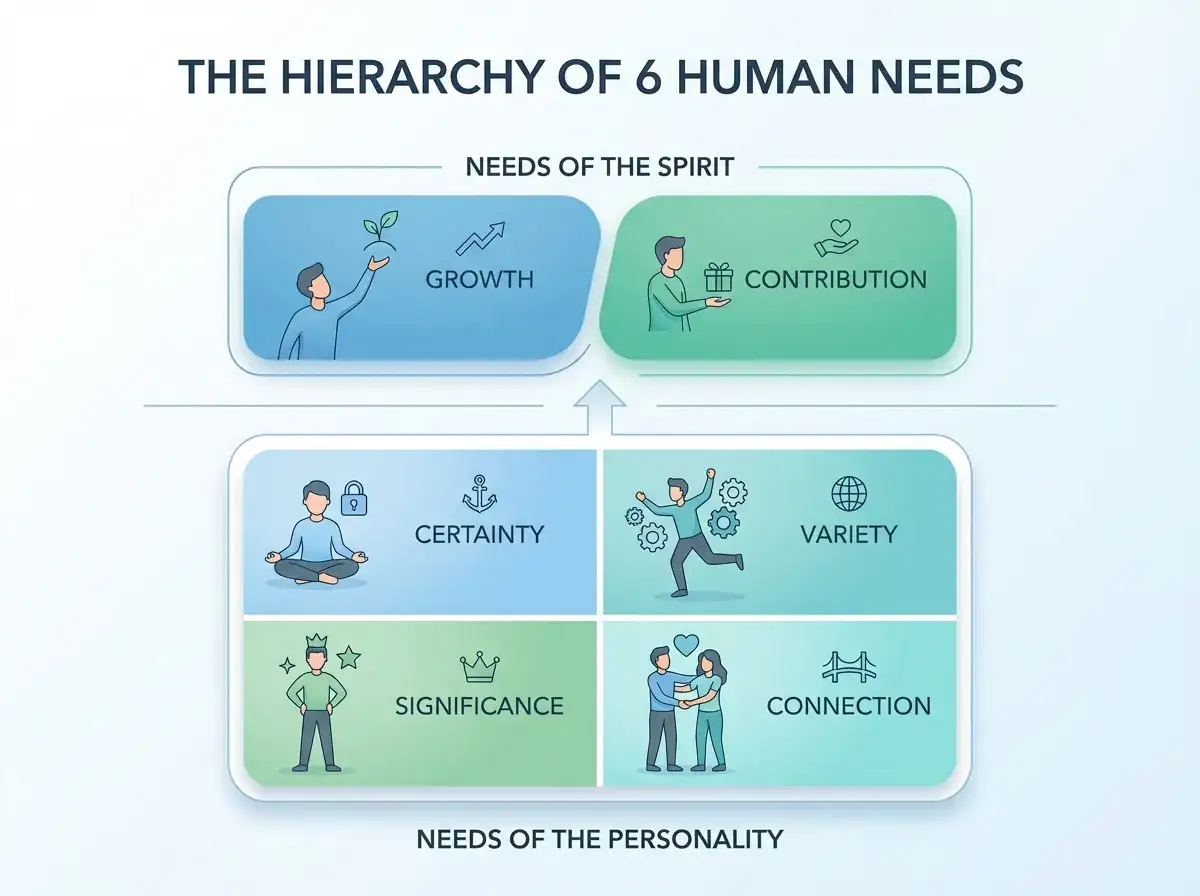 Model 6 ludzkich potrzeb Tony Robbins infografika