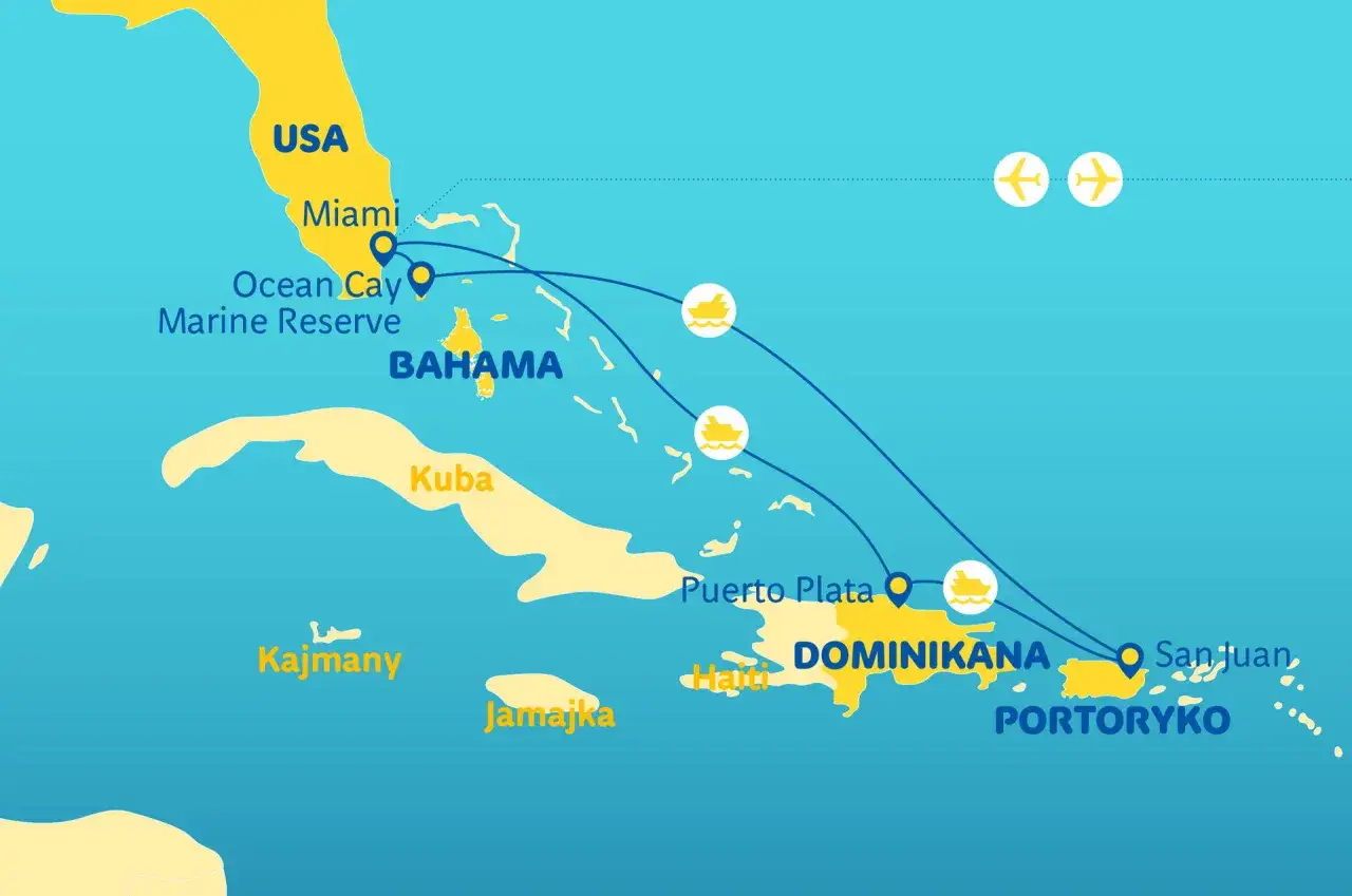 Mapa Karaibów z zaznaczonymi trasami lotniczymi i morskimi. Sprawdź, ile trwa lot na Dominikana z Miami.