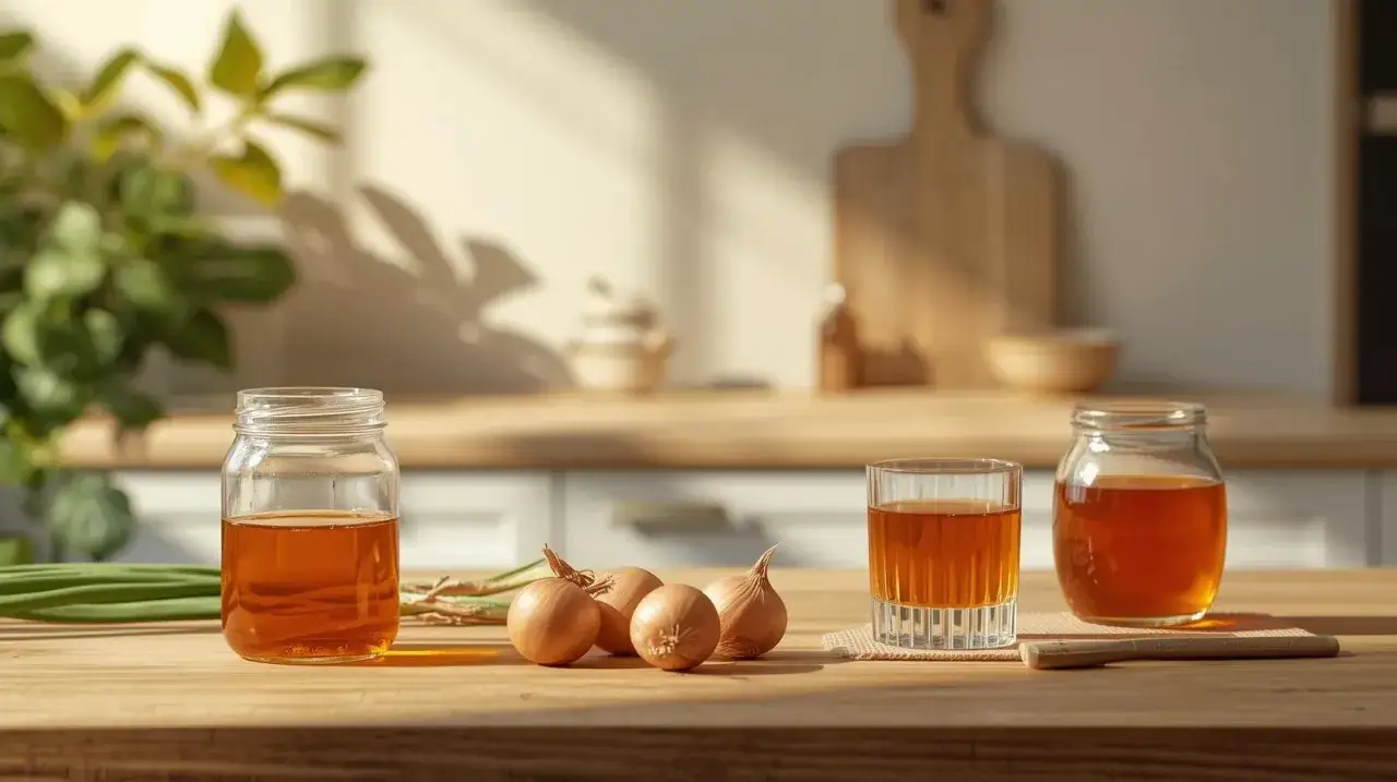 Domowe sposoby na ból gardła: miód w słoiku i szklance, cebulki i zielona cebulka na drewnianym blacie.