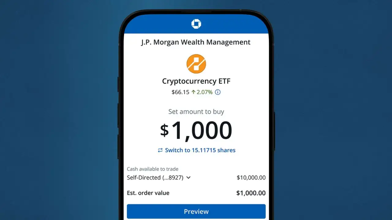 Aplikacja J.P. Morgan pokazuje, jak kupić ETF kryptowalutowy za 1000 USD. Widoczna jest cena jednostki i ilość akcji.