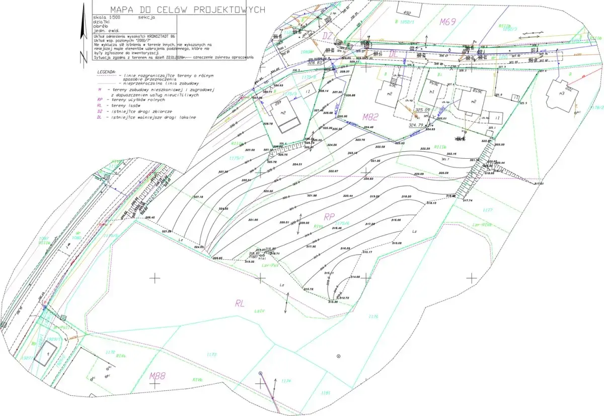 Mapa celów projektowych z oznaczeniami terenów, działek i dróg. Planowanie co po zakupie działki.