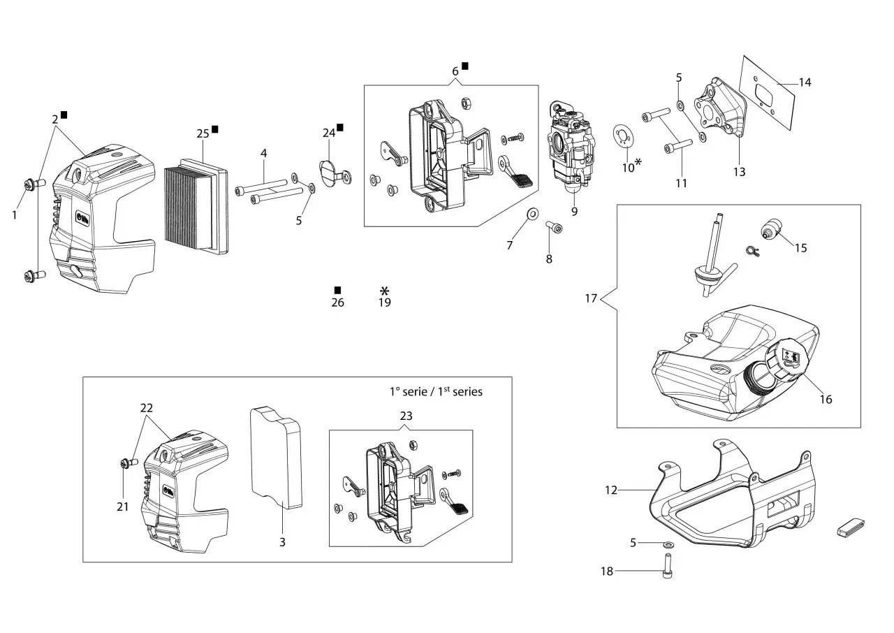 Schemat części pilarki spalinowej. Filtr paliwa (25) znajduje się obok obudowy silnika (2).