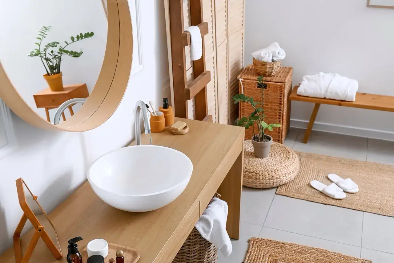 Jasna, przytulna łazienka w stylu skandynawskim z drewnianym blatem, białą umywalką i akcesoriami.