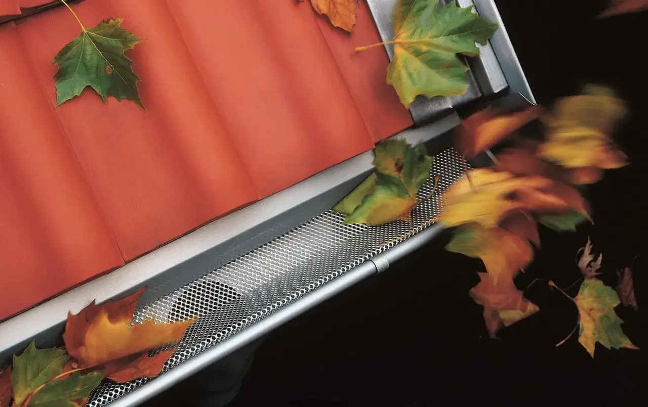 Siatka zabezpieczenia rynien przed liśćmi skutecznie zatrzymuje jesienne opadłe liście, chroniąc rynny przed zatkaniem.