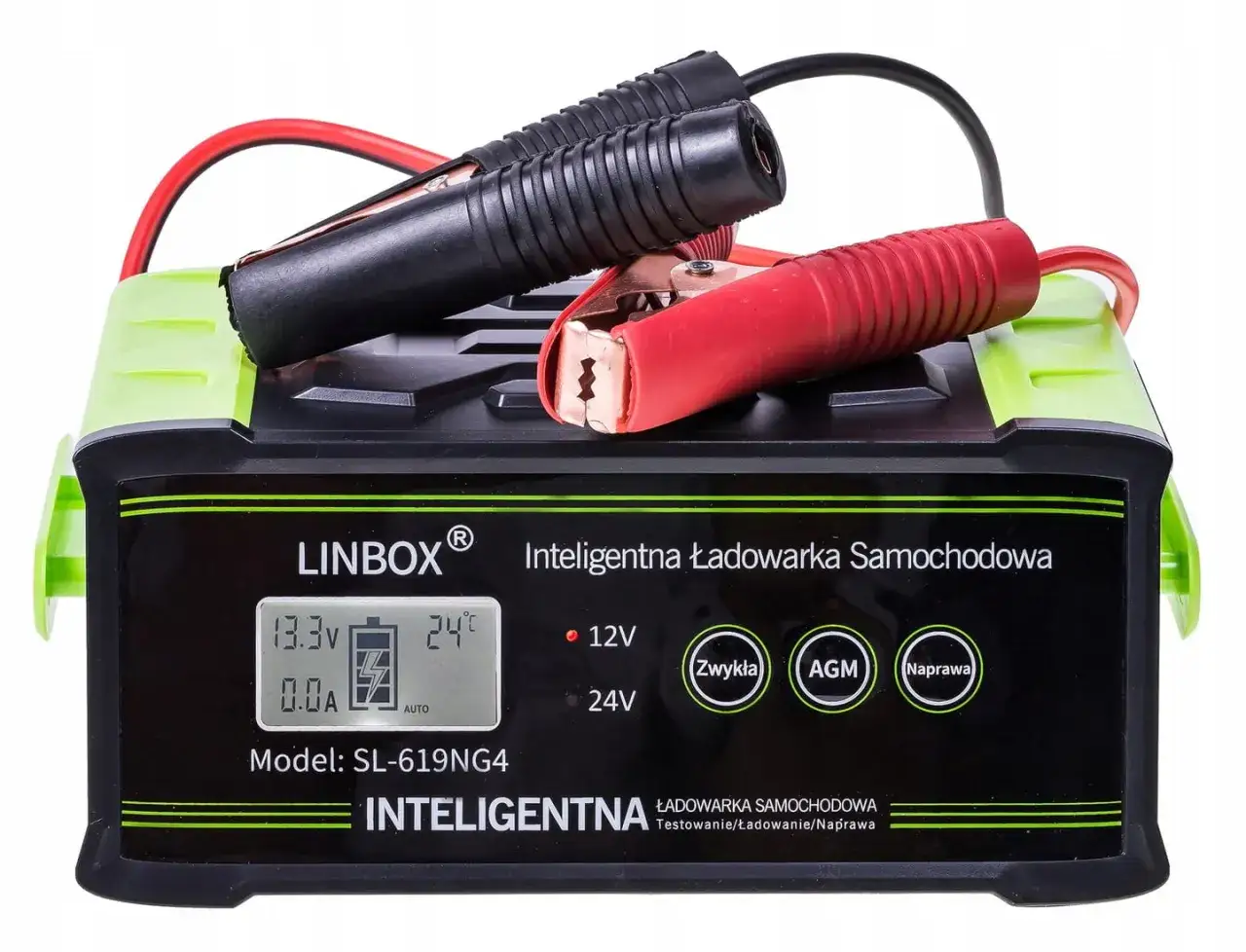 Inteligentna ładowarka samochodowa LINBOX z klemami. Pozwala ładować akumulator w samochodzie bez zdejmowania klem.