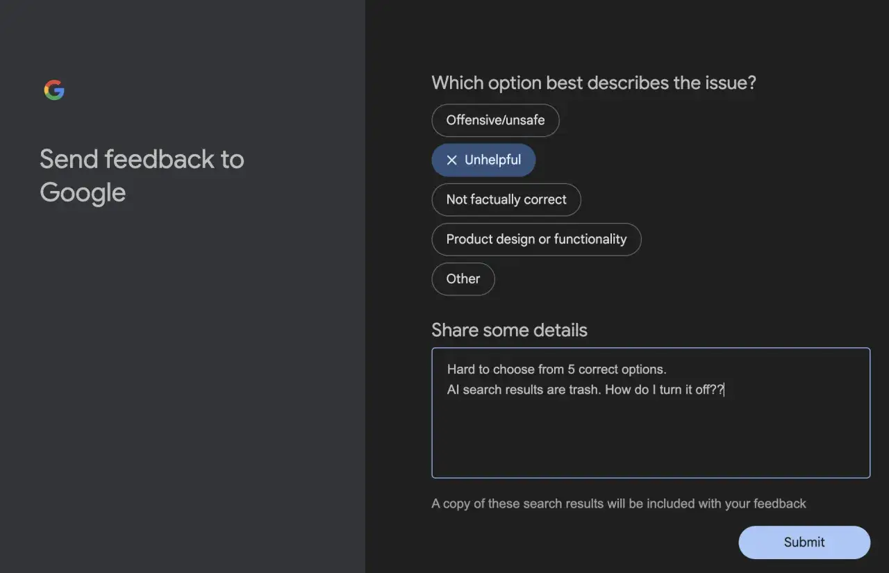 Formularz opinii Google. Użytkownik pyta, jak wyłączyć tryb AI w wyszukiwarce Google, bo wyniki są 