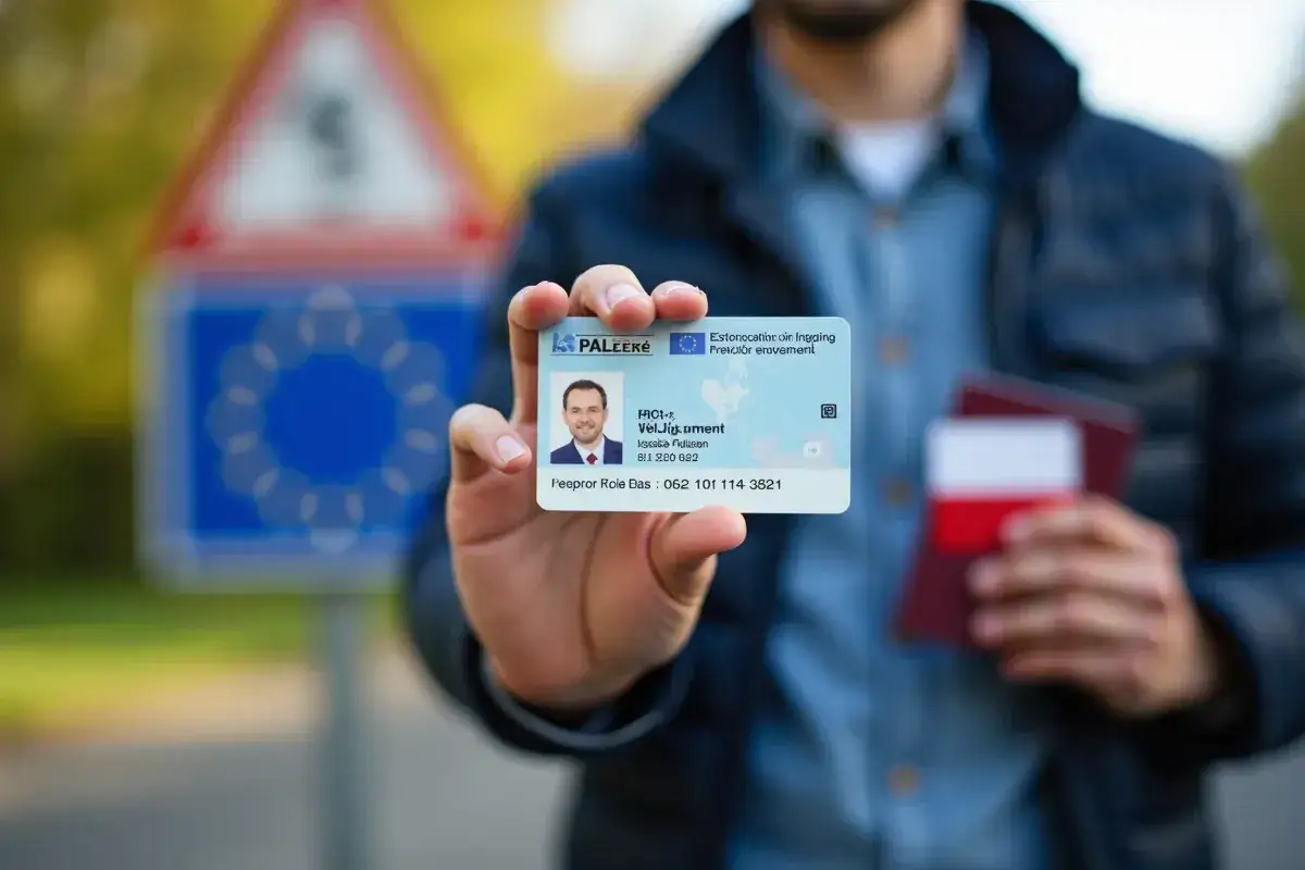 Dowód osobisty i paszport w tle znaku UE. Czy do Francji trzeba paszport? W strefie Schengen dowód wystarczy.