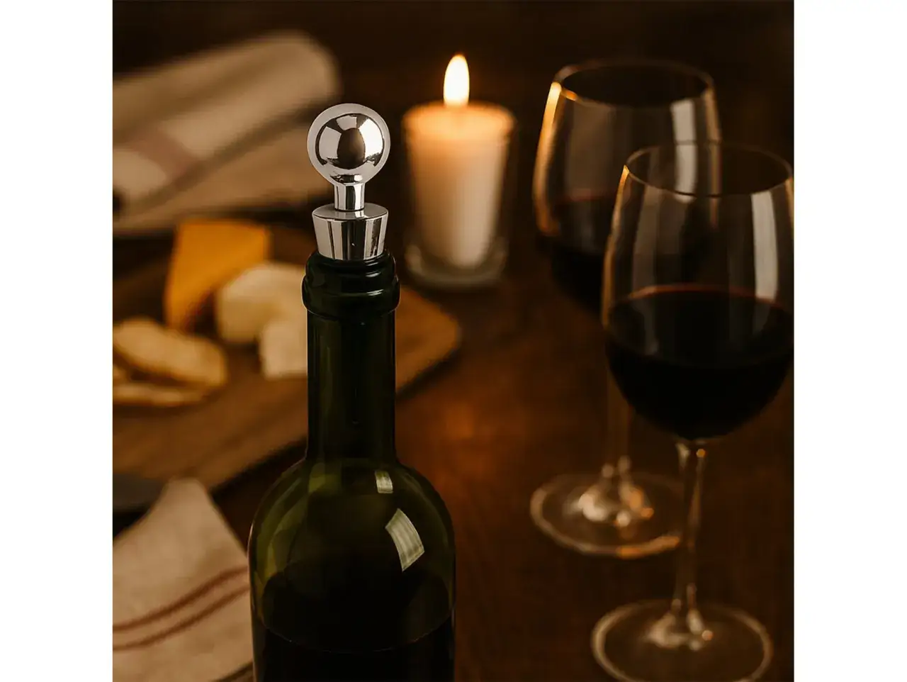 Wino z nakrętką czy korkiem? Mity i fakty. Butelka wina z metalową zakrętką, kieliszki z winem, ser i świeca tworzą nastrojową scenę.