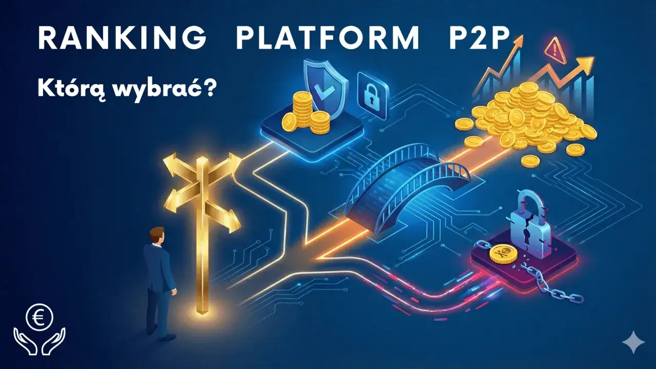 Ranking platform P2P: człowiek przy drogowskazie, stosy monet, zamek i wykres wzrostu. Giełda pożyczek prywatnych.
