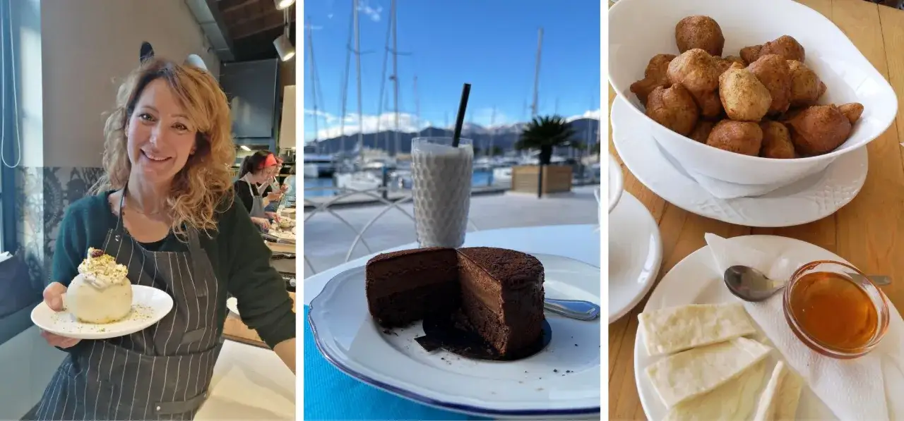 Kobieta prezentuje deser, obok czekoladowe ciasto i słodkości z Czarnogóry: ser z miodem i pączki.