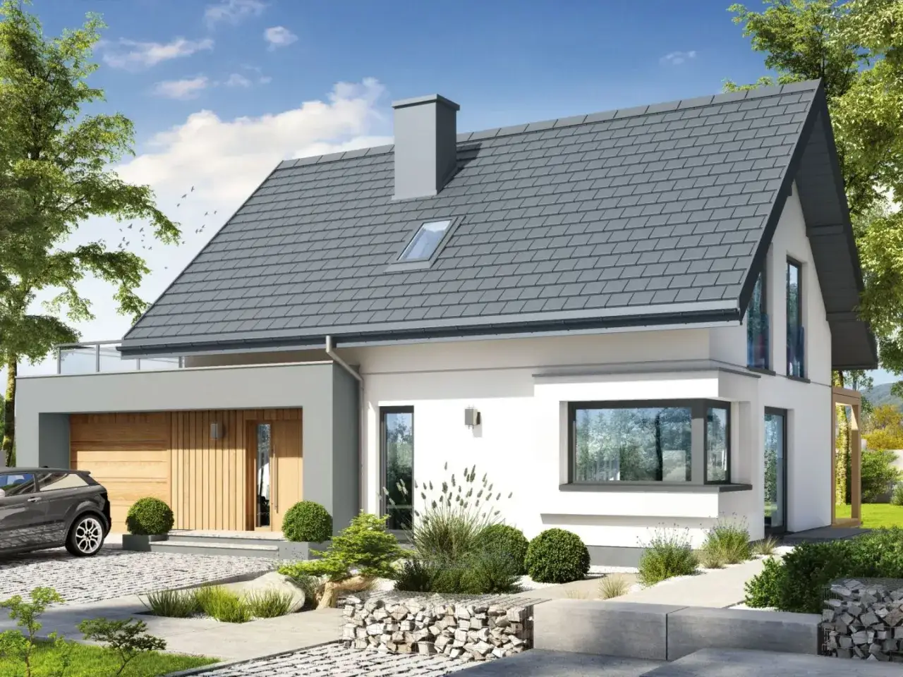 Nowoczesny dom z tarasem nad garażem. Inspiracje dla Twojego ogrodu i elewacji.