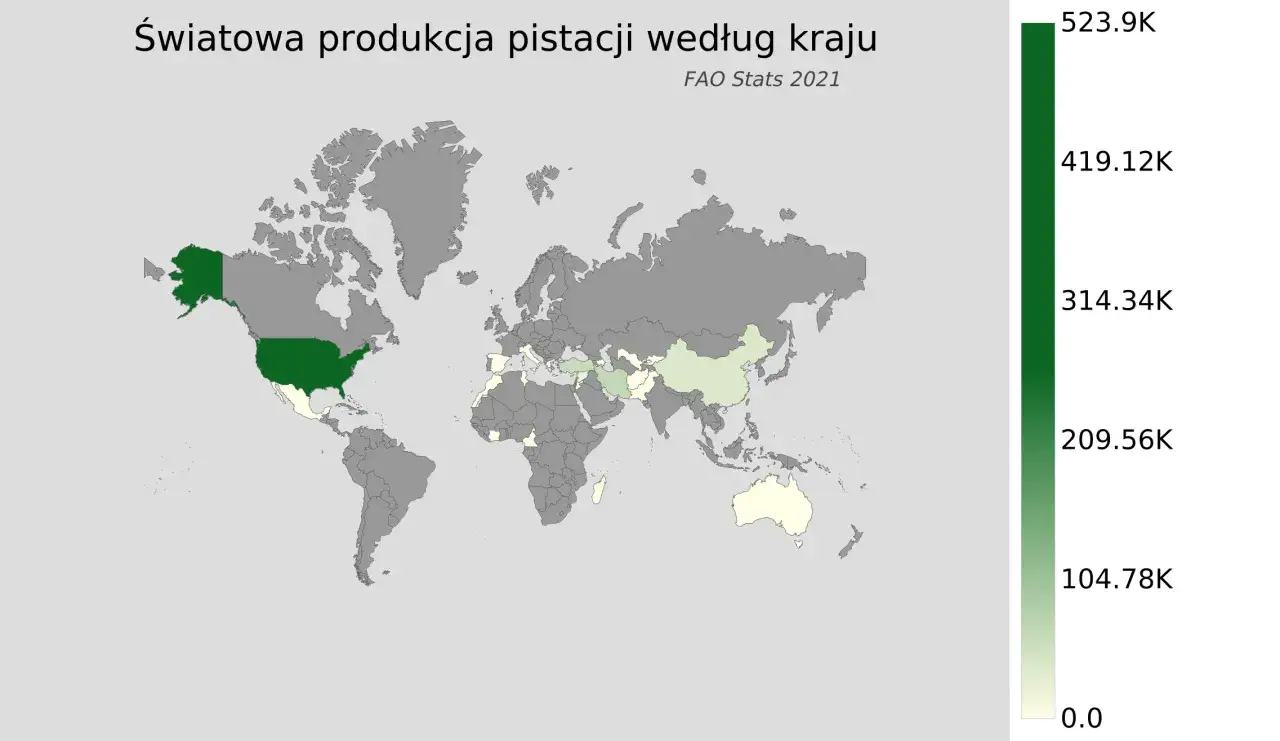 Mapa świata kraje produkujące pistacje