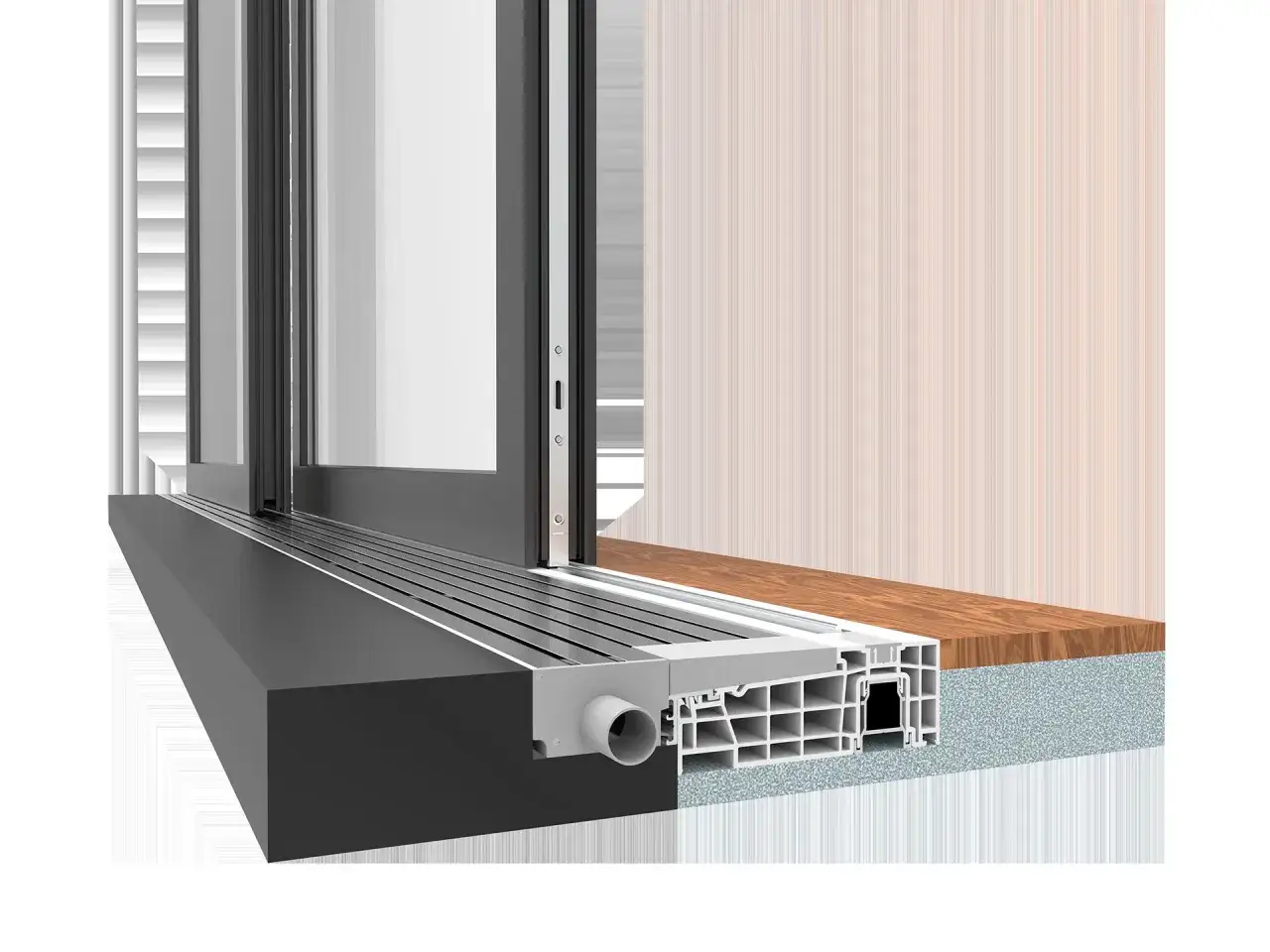 Przekrój nowoczesnego okna HST z systemem odprowadzania wody pod podłogą. Widoczny profil okna, podłoga drewniana i izolacja.
