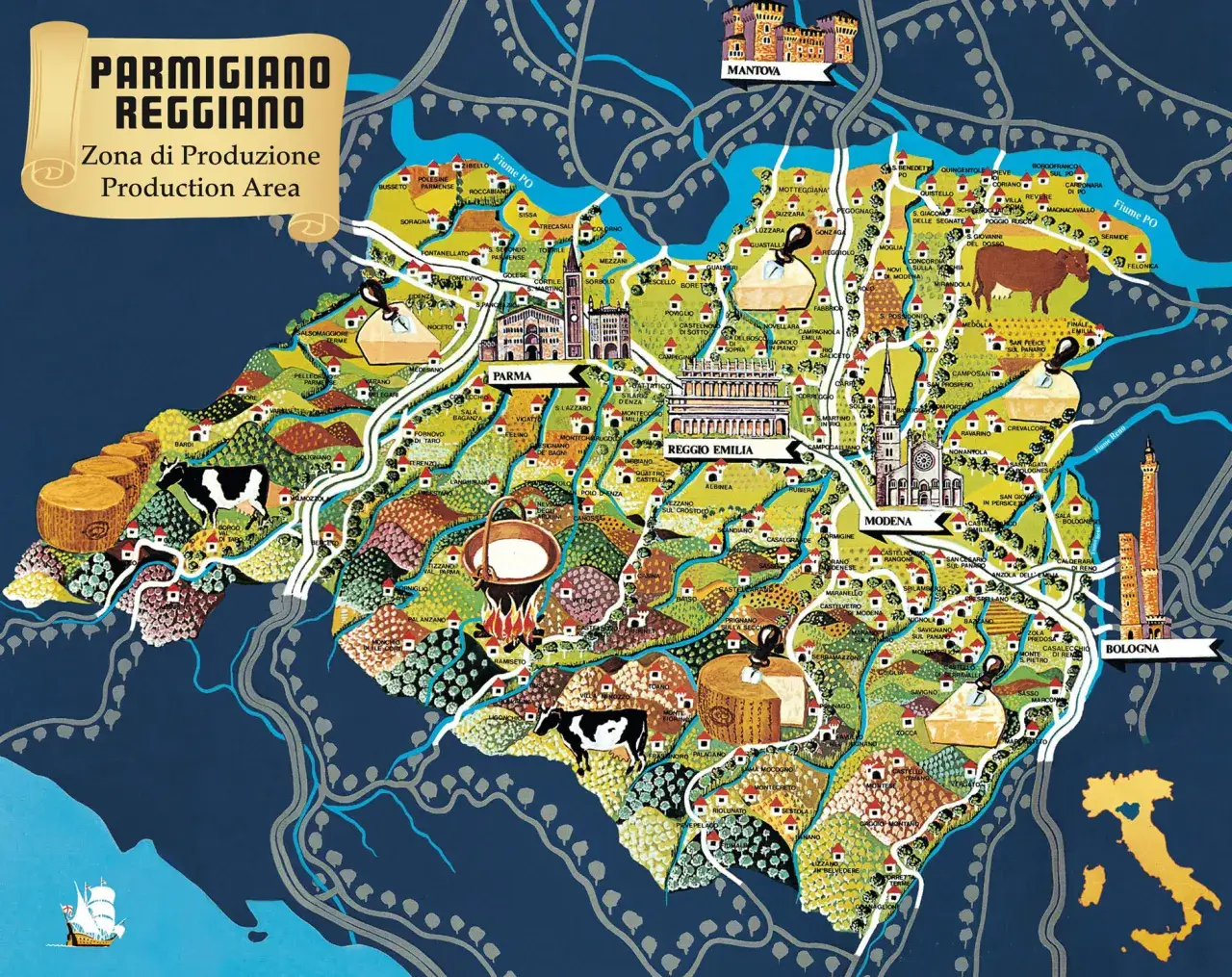 Mapa regionów produkcji Parmigiano Reggiano i Grana Padano