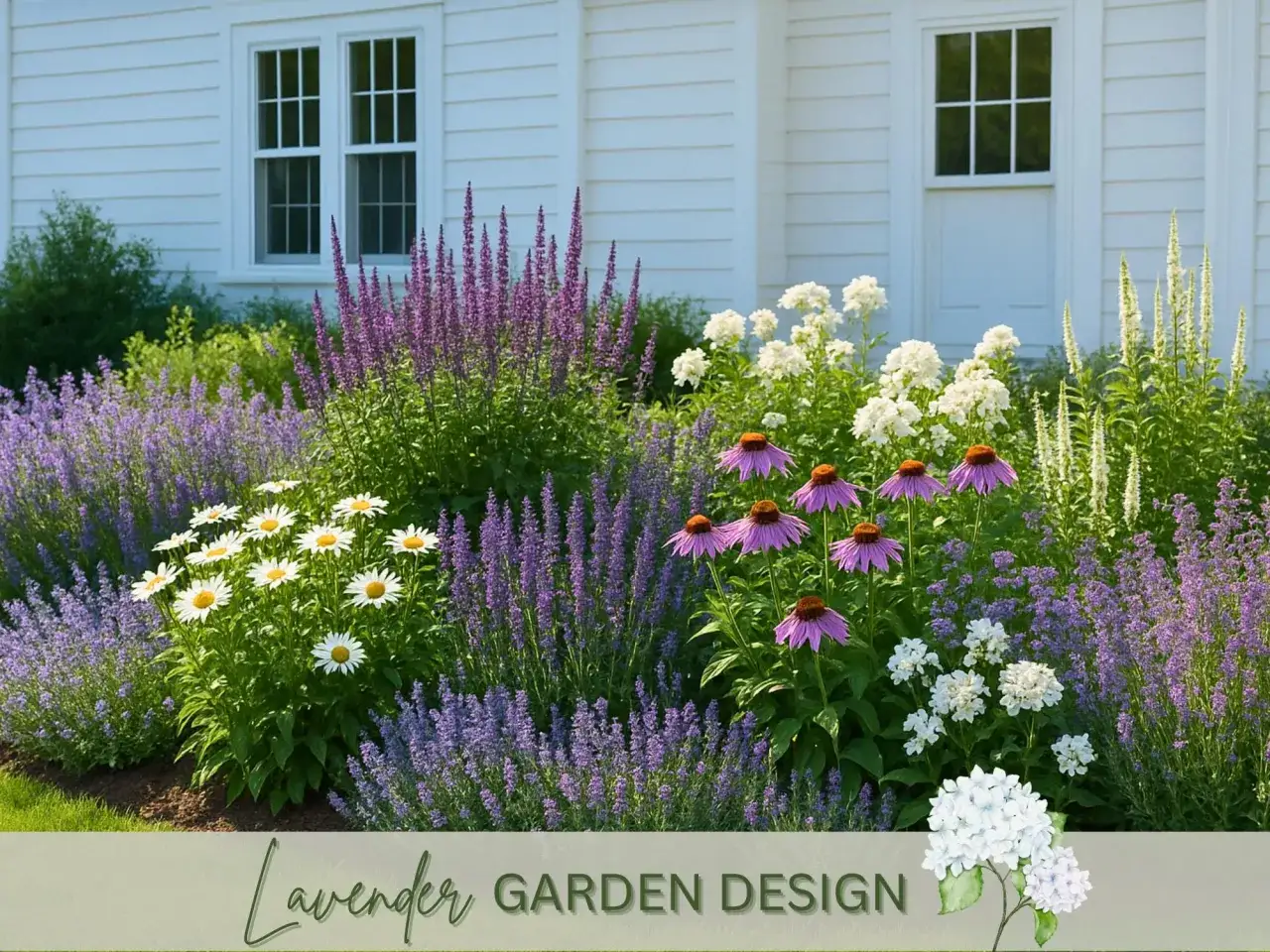 Piękne lawenda aranżacje z r&oacute;żowymi jeż&oacute;wkami i białymi kwiatami przed białym domem.