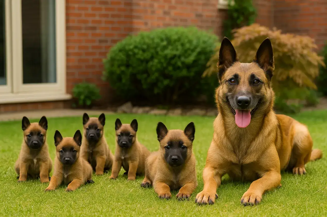 Rodzina owczarków belgijskich na trawie. Czy owczarek belgijski może spać na dworze? Ta mama i jej szczenięta wyglądają na szczęśliwe na świeżym powietrzu.