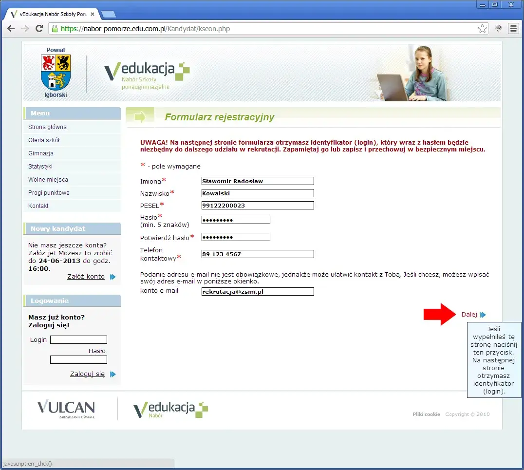 Ekran logowania do systemu rekrutacyjnego VULCAN lub Nab&oacute;r
