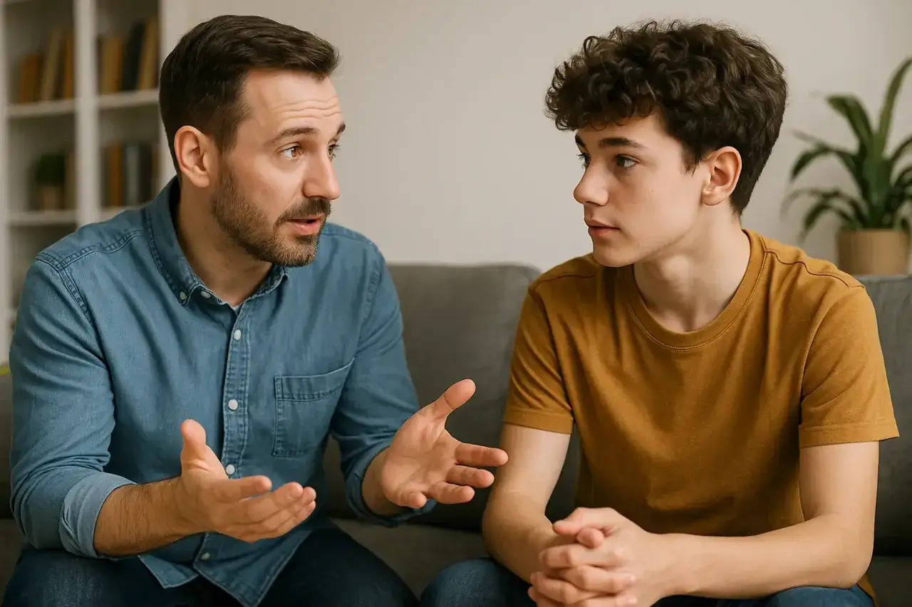 Rodzic rozmawiający z nastolatkiem w empatyczny spos&oacute;b