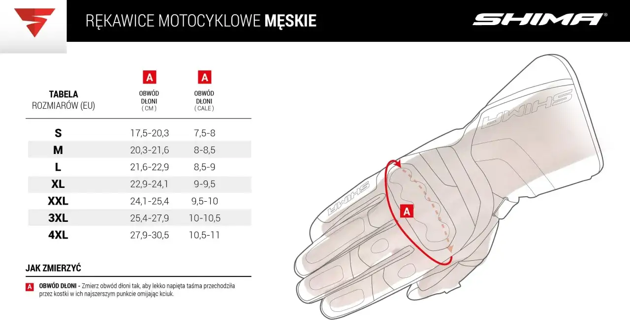 Tabela rozmiarów rękawic motocyklowych SHIMA. Zmierz obwód dłoni, aby dobrać odpowiedni rozmiar.